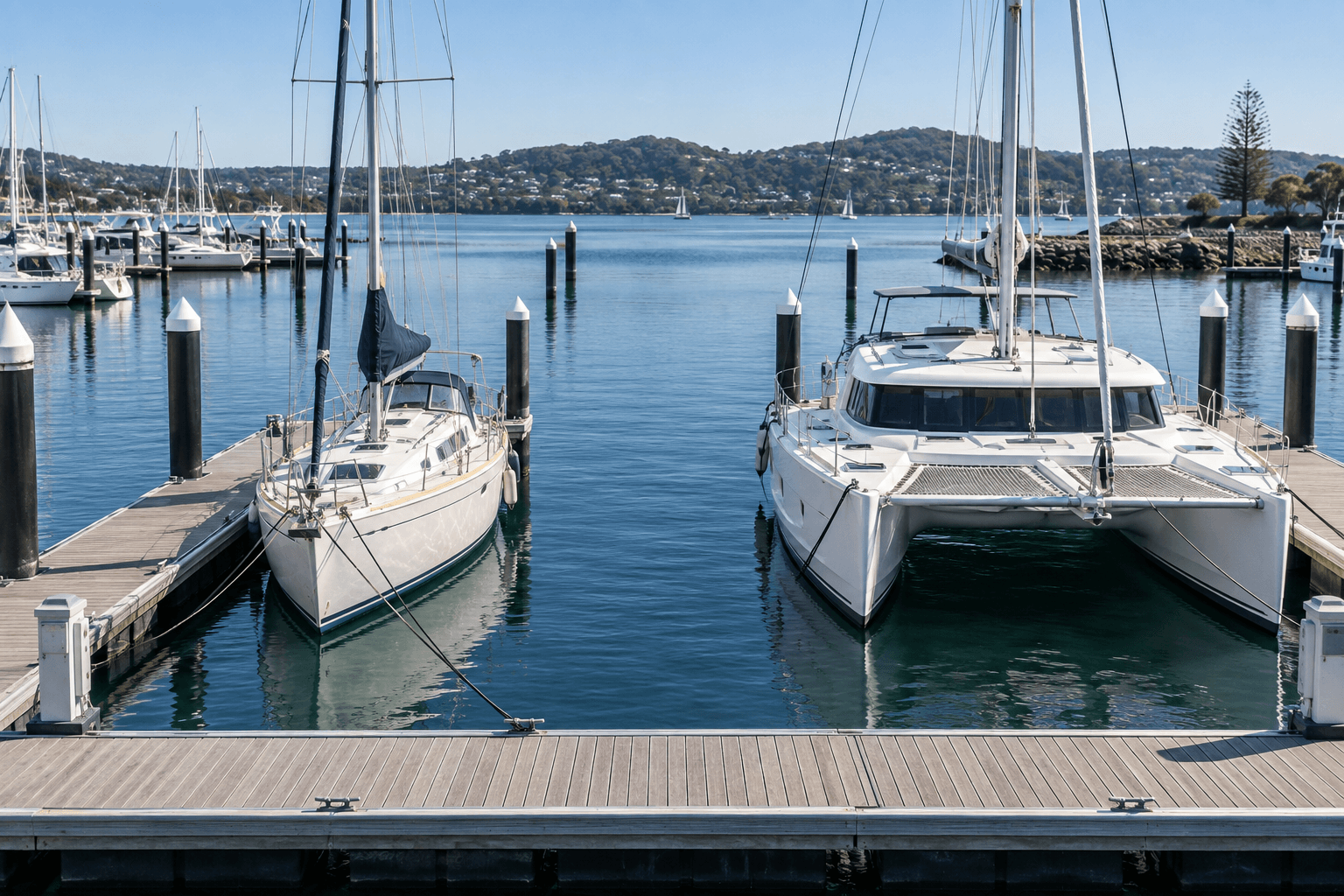 Sailing yacht and wider catamaran in adjacent marina berths, illustrating why beam and fairway width matter