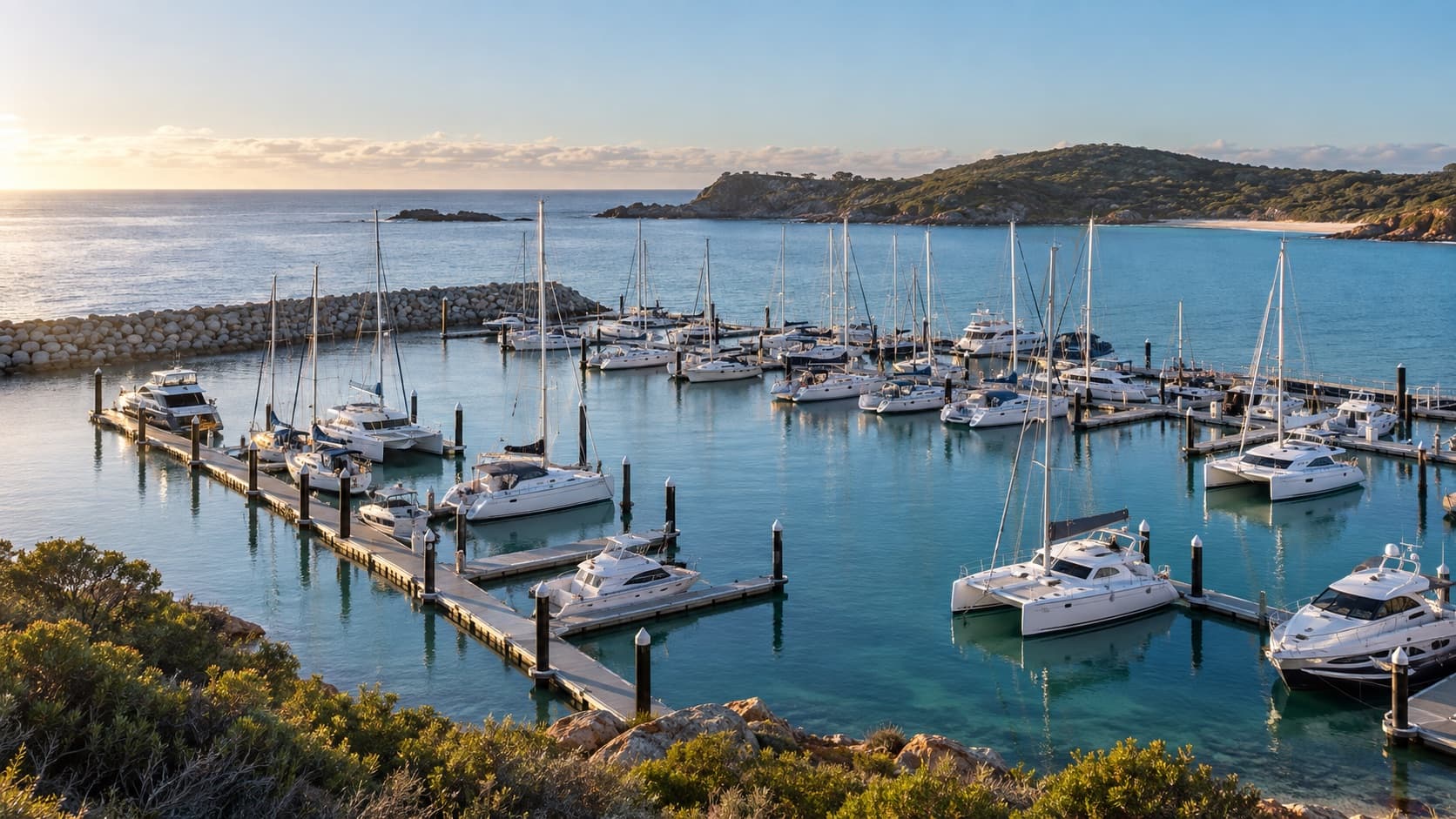 Elevated view of yachts and pontoons in a sheltered coastal marina