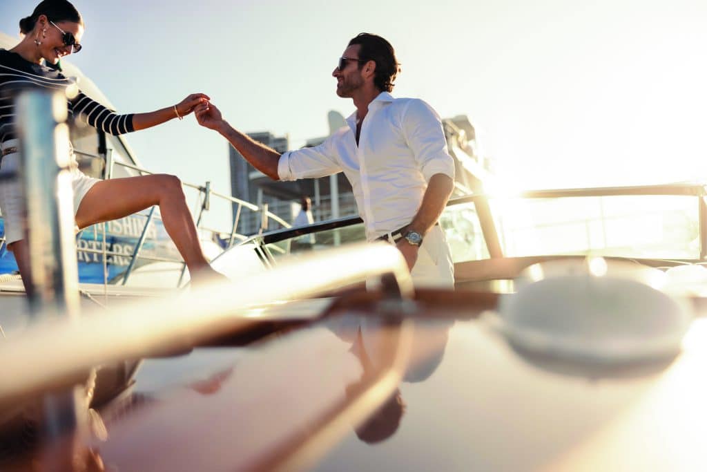 Guests boarding a yacht in an official Mantaray Marina lifestyle photograph